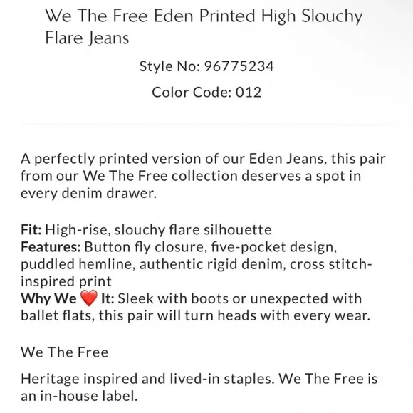 We The Free Eden Printed High Slouchy Flare Jeans Size 24S NWT - Picture 4 of 13